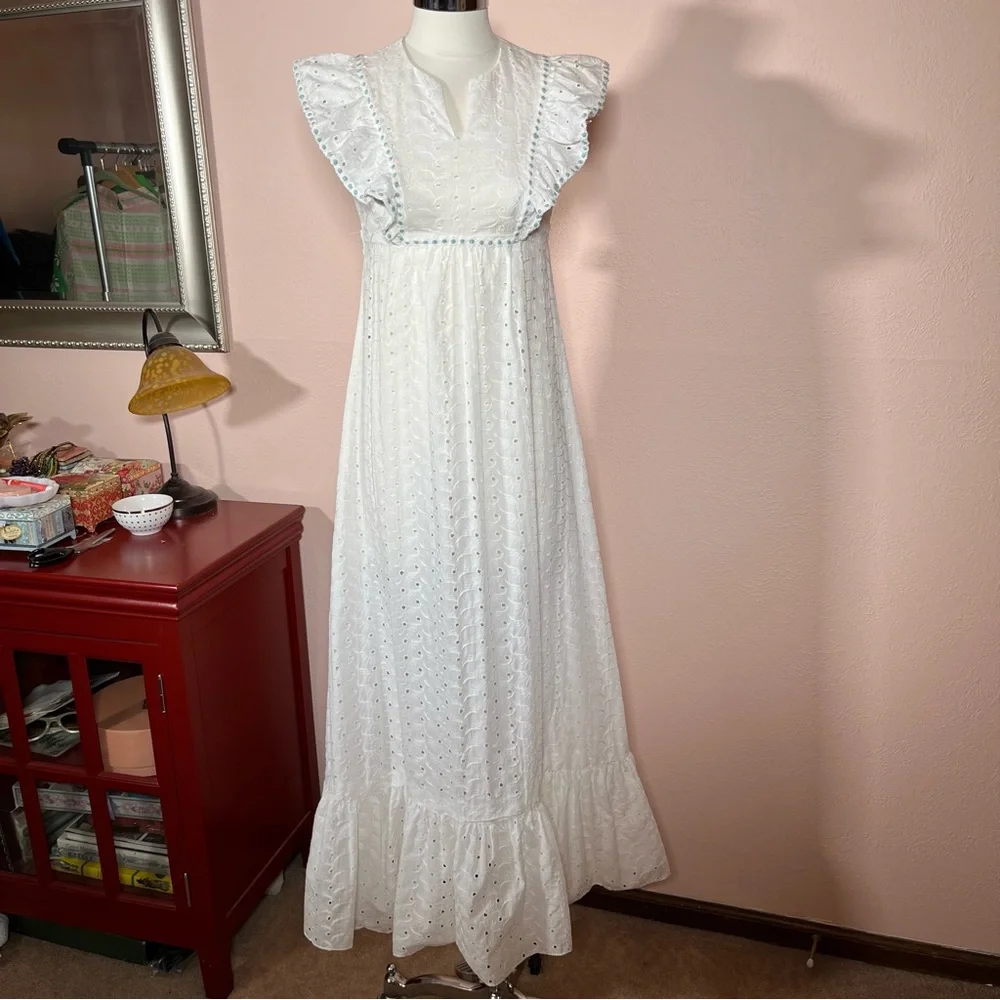 Vintage 60 70 Cottagecore White Eyelet Lace Ruffle Sleeve Praire Maxi Dress - Picture 7 of 17